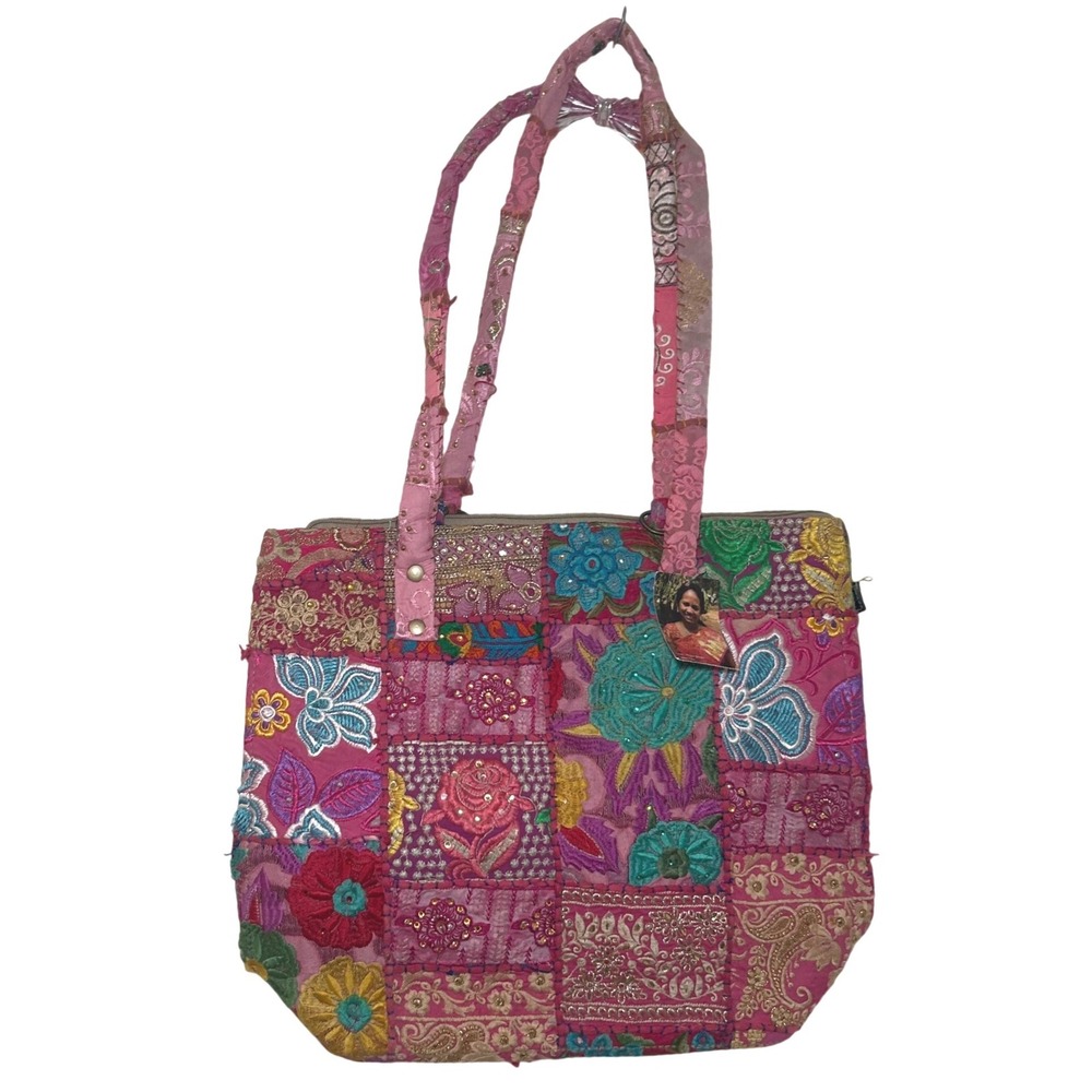 Shop With A Mission India Pink Patchwork Embroidered Sequin Boho Tote Bag NEW